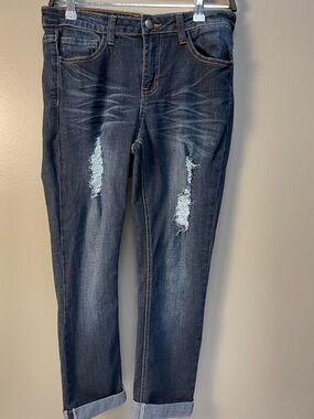 Mind Code Dark Wash Distressed Cropped Boyfriend Jeans